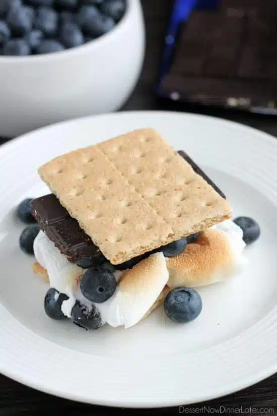 Blueberry S'mores - honey graham crackers, fresh blueberries, gooey marshmallows, and Brookside's Blueberry & Cranberry Almond Chocolate Bar.