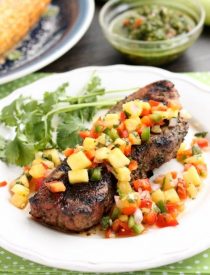 This restaurant-quality steak is marinated in an herbed chimichurri sauce, grilled to perfection, and topped with a spicy-sweet pineapple salsa.