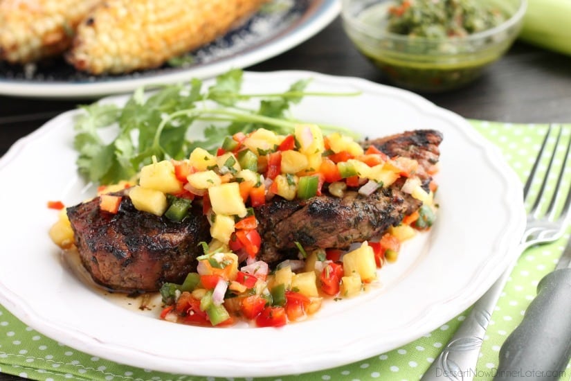 This restaurant-quality steak is marinated in an herbed chimichurri sauce, grilled to perfection, and topped with a spicy-sweet pineapple salsa. 