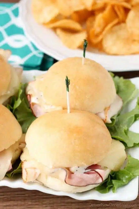 Cordon Bleu Sliders are made easy with deli meat, swiss cheese, honey dijon mayo, and freshly baked Rhodes® dinner roll slider buns!