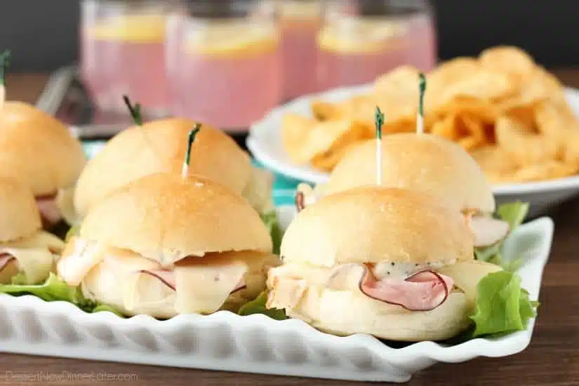 Cordon Bleu Sliders are made easy with deli meat, swiss cheese, honey dijon mayo, and freshly baked Rhodes® dinner roll slider buns!