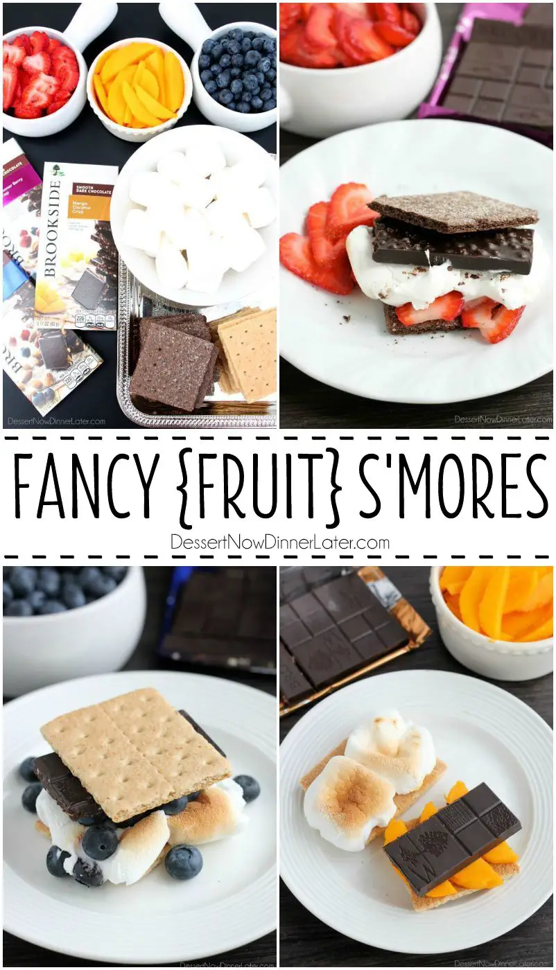 Fancy Fruit S'mores are made with Brookside's smooth dark chocolate and fruit bars, real fresh fruit, and toasted marshmallows sandwiched between honey or chocolate graham crackers. A delicious and unique treat to serve at your next gathering.