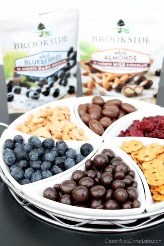 Fruit and Nut Snack Tray with Brookside's whole blueberries and almonds in smooth dark (and milk) chocolate.