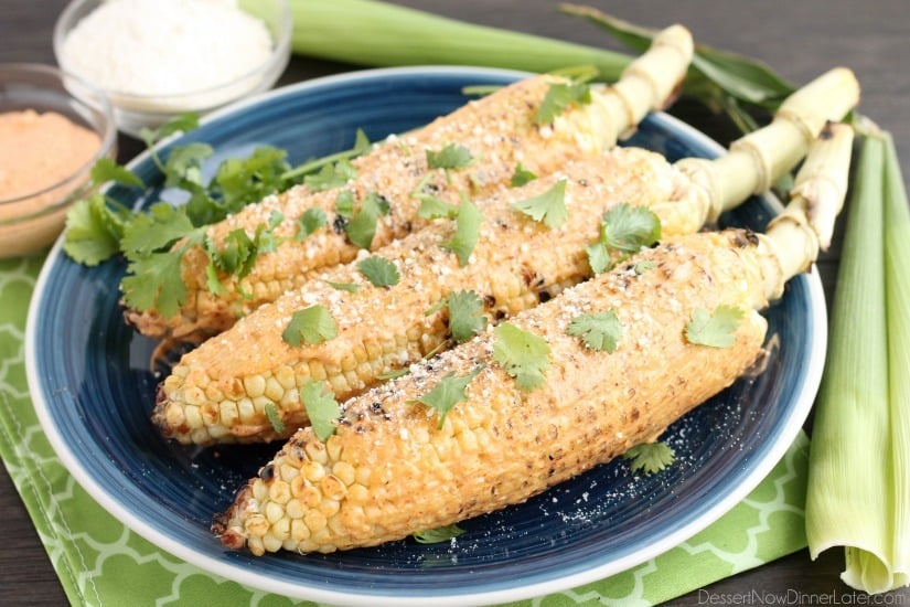 This Mexican Corn on the Cob is grilled and slathered in a chili-lime mayo. Finish it off with a sprinkle of cheese and you won't want corn on the cob any other way!