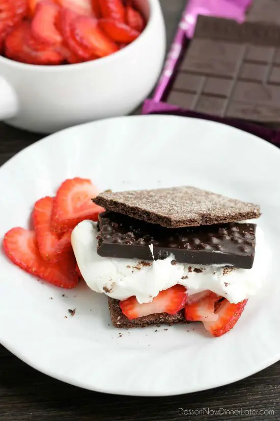 Strawberry S'mores - chocolate graham crackers, freshly sliced strawberries, melty marshmallows, and Brookside's Summer Berry Crisp Chocolate Bar.