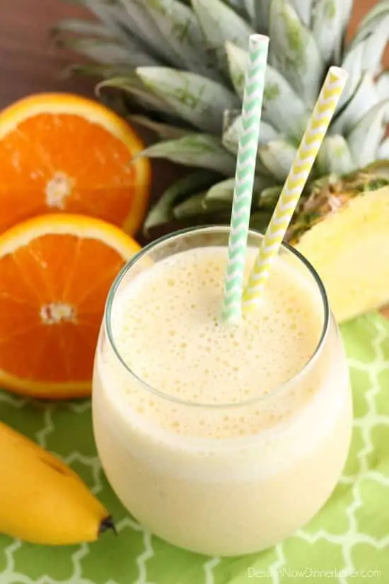 Wake up happy with this Sunrise Smoothie full of bright and refreshing citrus and tropical fruits!