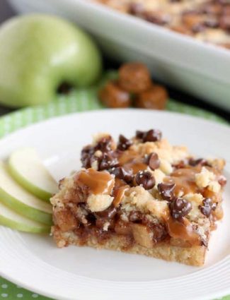 Chocolate Caramel Apple Crumb Bars - These dessert bars have a buttery crust and crumble on top, a gooey cinnamon-sugar apple filling, with caramels, chocolate chips, and sea salt sprinkled on top.