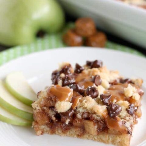 Chocolate Caramel Apple Crumb Bars - These dessert bars have a buttery crust and crumble on top, a gooey cinnamon-sugar apple filling, with caramels, chocolate chips, and sea salt sprinkled on top.