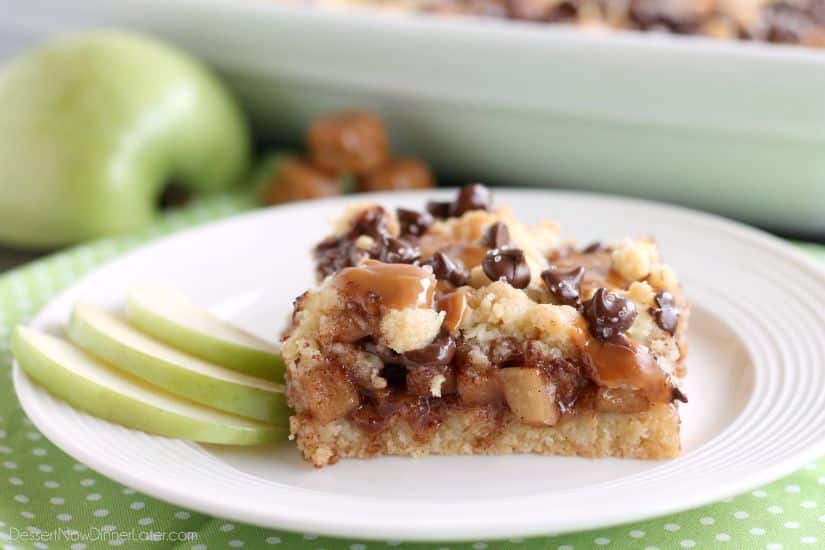 Chocolate Caramel Apple Crumb Bars - These dessert bars have a buttery crust and crumble on top, a gooey cinnamon-sugar apple filling, with caramels, chocolate chips, and sea salt sprinkled on top.