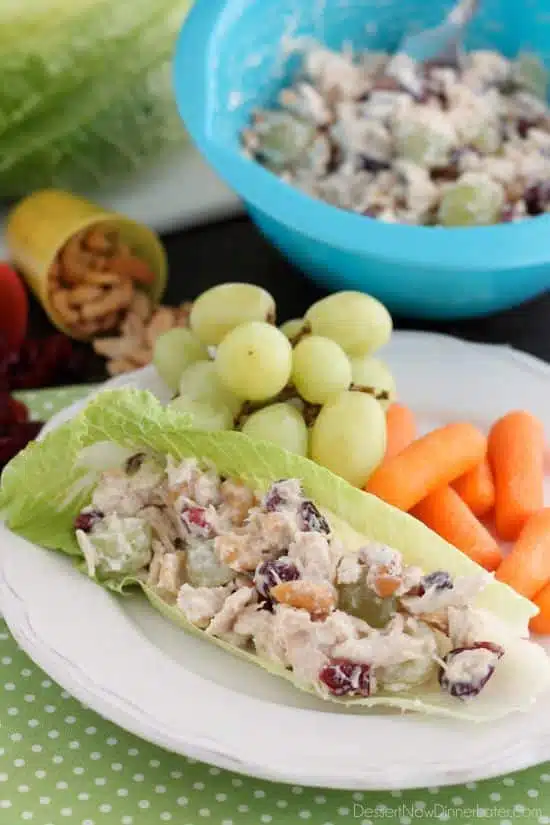 This lightened up chicken salad uses greek yogurt, a blend of seasonings, fruit, and nuts to give it its delicious flavor. Great with whole wheat bread or a lettuce cup, this skinny chicken salad will satisfy your hunger.