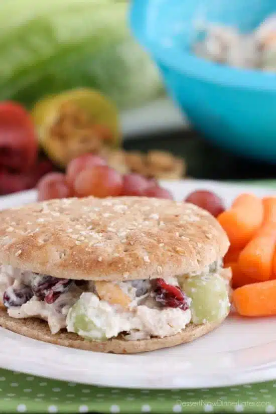 This lightened up chicken salad uses greek yogurt, a blend of seasonings, fruit, and nuts to give it its delicious flavor. Great with whole wheat bread or a lettuce cup, this skinny chicken salad will satisfy your hunger.