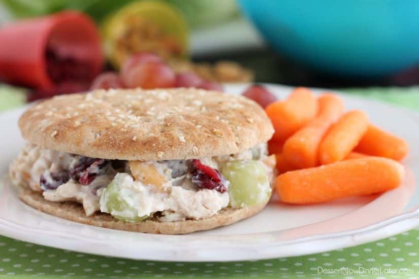 This lightened up chicken salad uses greek yogurt, a blend of seasonings, fruit, and nuts to give it its delicious flavor. Great with whole wheat bread or a lettuce cup, this skinny chicken salad will satisfy your hunger.