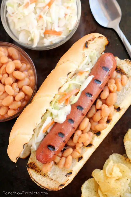 This gourmet Southern inspired Hot Dog is made with Ball Park Park's Finest all beef hot dogs topped with baked beans and creamy cole slaw.