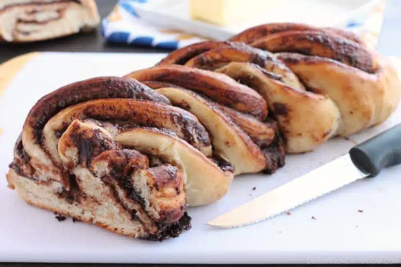 Rhodes frozen dough and Nutella is all you need to make this twisted loaf of delicious bread! Get the step-by-step photo tutorial and make it asap!