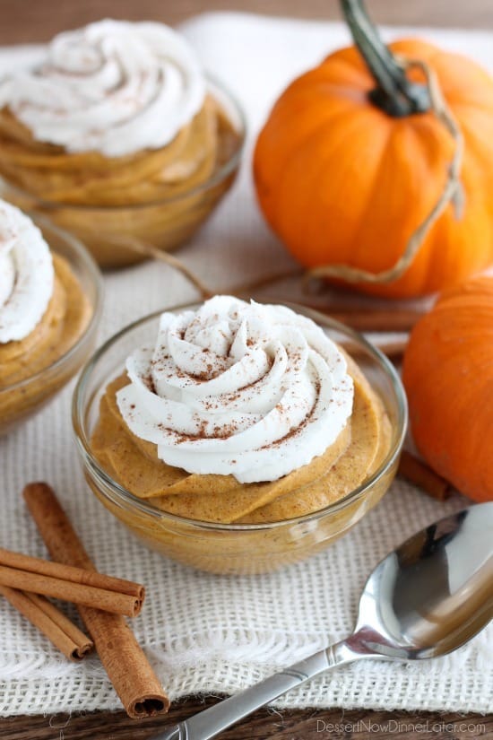 This lightened up Pumpkin Mousse is gluten and dairy free, and full of pumpkin spices! Perfect for a healthier Thanksgiving or fall dessert!