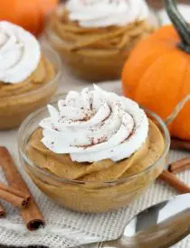 This lightened up Pumpkin Mousse is gluten and dairy free, and full of pumpkin spices! Perfect for a healthier Thanksgiving or fall dessert!