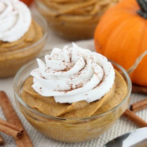 This lightened up Pumpkin Mousse is gluten and dairy free, and full of pumpkin spices! Perfect for a healthier Thanksgiving or fall dessert!