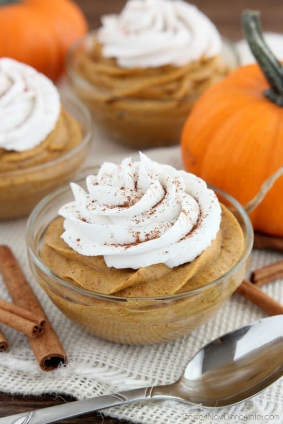 This lightened up Pumpkin Mousse is gluten and dairy free, and full of pumpkin spices! Perfect for a healthier Thanksgiving or fall dessert!