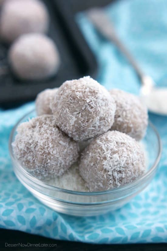 No-bake Coconut Snowballs are simple and delicious! The perfect healthy dessert to curb that sweet-tooth craving! Bonus: They're egg, dairy, and gluten free!