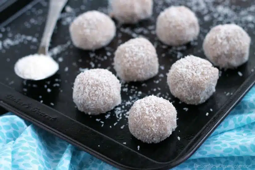 No-bake Coconut Snowballs are simple and delicious! The perfect healthy dessert to curb that sweet-tooth craving! Bonus: They're egg, dairy, and gluten free!