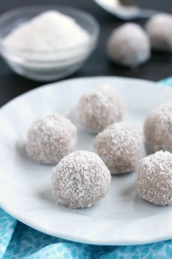 No-bake Coconut Snowballs are simple and delicious! The perfect healthy dessert to curb that sweet-tooth craving! Bonus: They're egg, dairy, and gluten free!