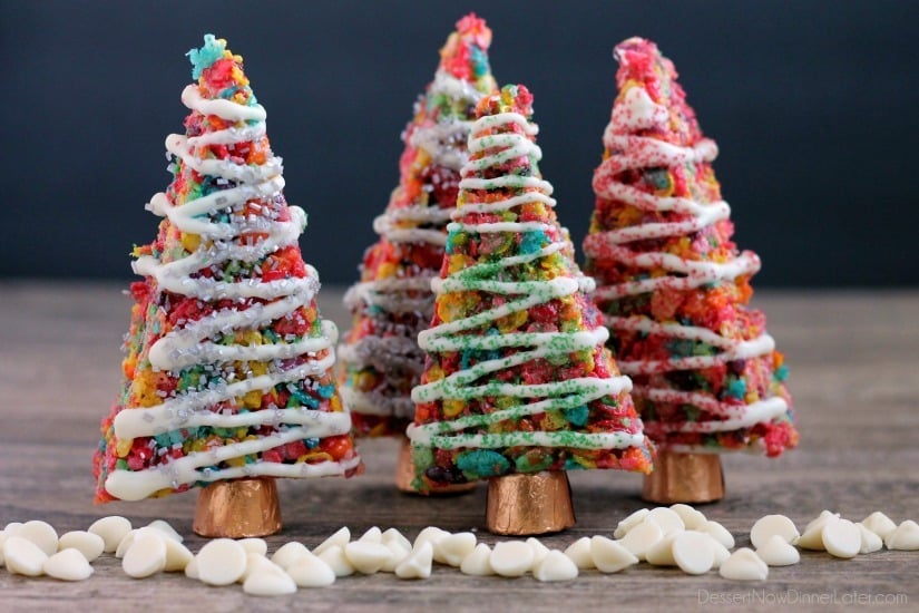 Fruity Pebbles cereal lights up these festive Krispie Treat Christmas Trees that are easy and fun to make for the holidays!