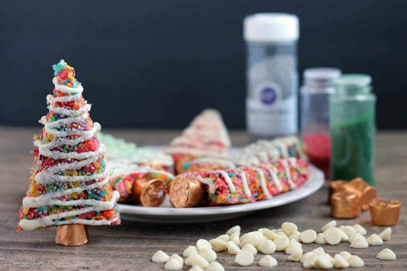 Fruity Pebbles cereal lights up these festive Krispie Treat Christmas Trees that are easy and fun to make for the holidays!