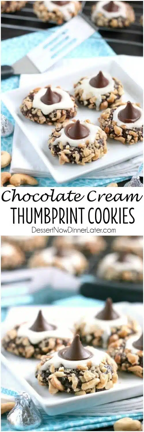 Chocolate cookie dough is rolled in nuts and topped with buttercream and chocolate kisses to create these thick and chewy Chocolate Cream Thumbprint Cookies.