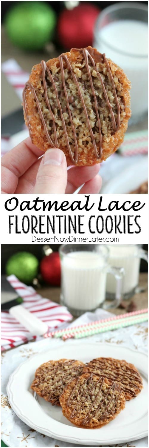 Thin, crisp, buttery cookies are sandwiched between melted milk chocolate with an extra chocolate drizzle on top. They taste like toffee and they look like lace. These Florentine Cookies are a holiday favorite!