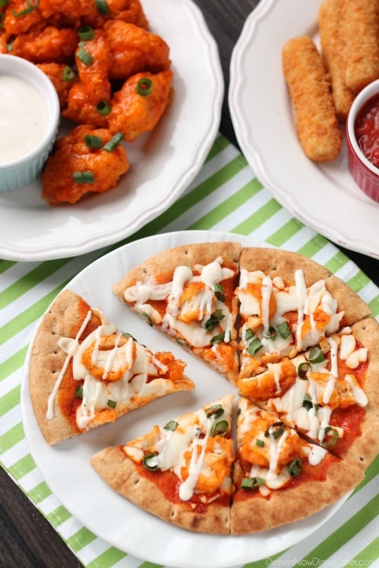 Farm Rich Boneless Buffalo Chicken Bites help make this flatbread pizza a quick and delicious game day snack!