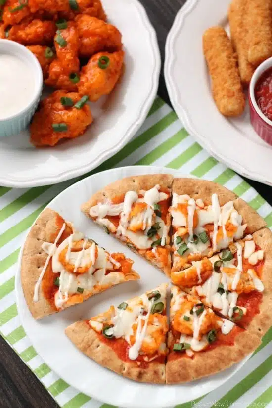 Farm Rich Boneless Buffalo Chicken Bites help make this flatbread pizza a quick and delicious game day snack!