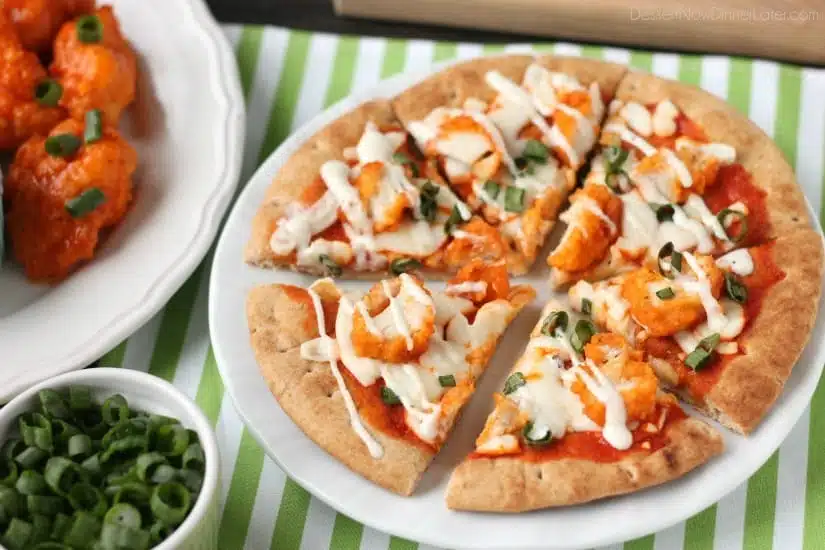 Farm Rich Boneless Buffalo Chicken Bites help make this flatbread pizza a quick and delicious game day snack!