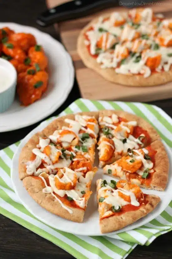 Farm Rich Boneless Buffalo Chicken Bites help make this flatbread pizza a quick and delicious game day snack!