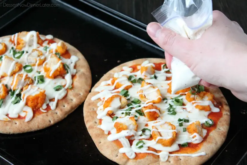 Farm Rich Boneless Buffalo Chicken Bites help make this flatbread pizza a quick and delicious game day snack!