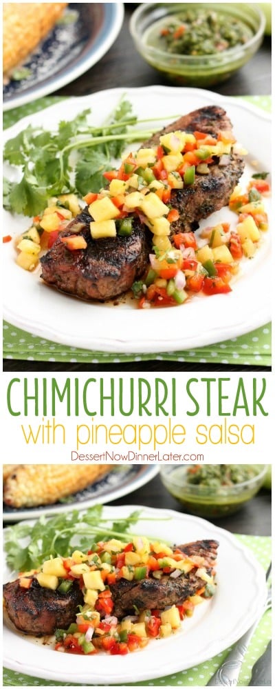 This restaurant-quality steak is marinated in an herbed chimichurri sauce, grilled to perfection, and topped with a spicy-sweet pineapple salsa.