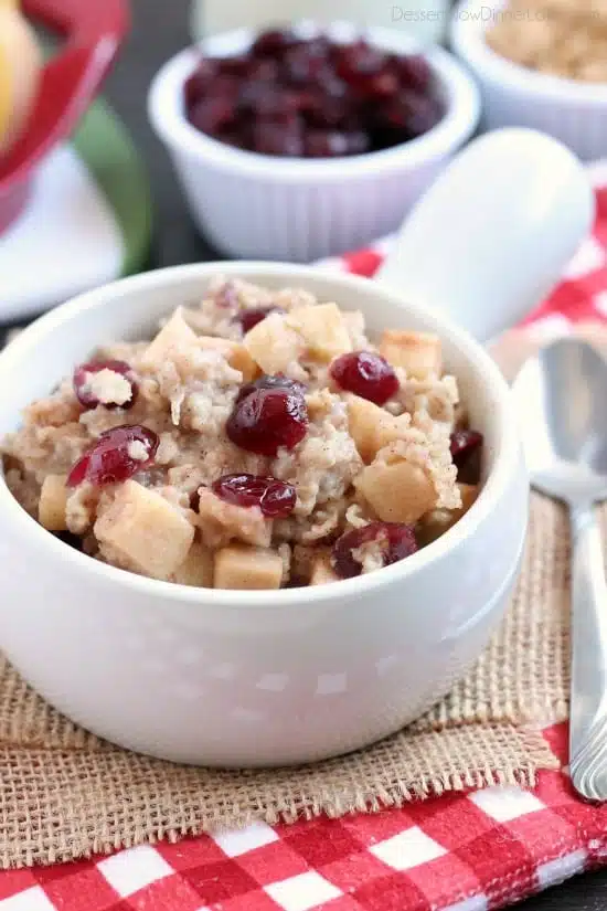 Hearty oatmeal gets a tangy twist with Craisins® and fresh apples. Bonus! This cranberry apple oatmeal is made in the slow cooker for a hot breakfast ready when you are!