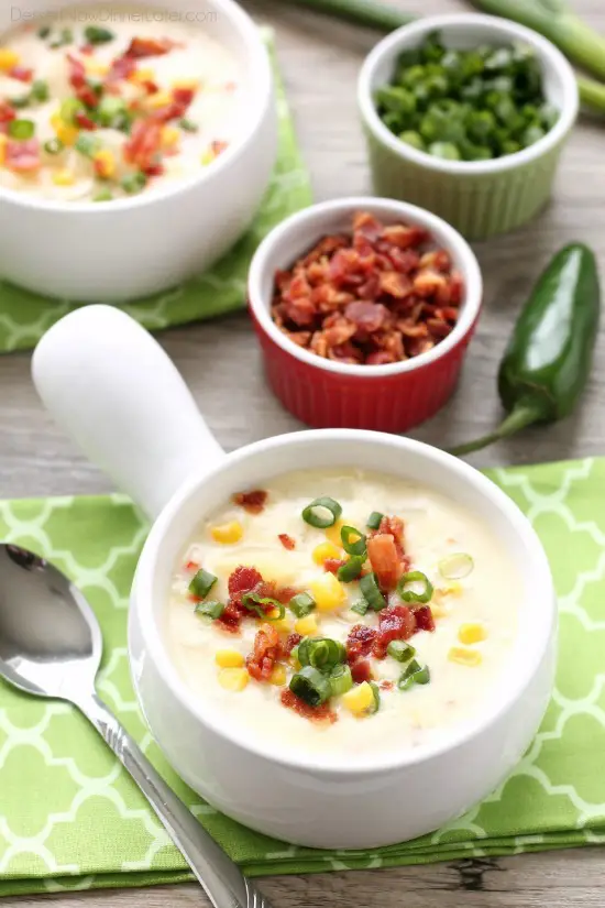 This Creamy Chicken and Corn Chowder is hearty and comforting with generous helpings of chicken, corn, bacon, green onions, potatoes and a slight kick of jalapeño. 
