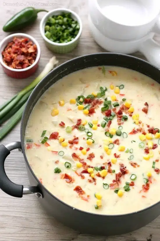 This Creamy Chicken and Corn Chowder is hearty and comforting with generous helpings of chicken, corn, bacon, green onions, potatoes and a slight kick of jalapeño. 