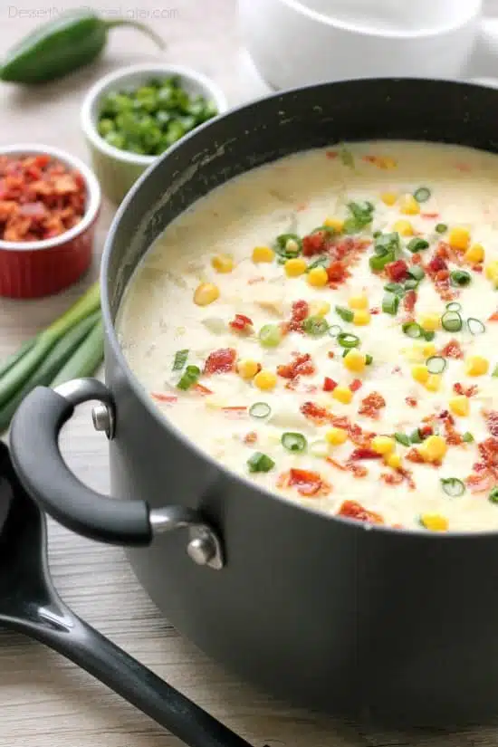 This Creamy Chicken and Corn Chowder is hearty and comforting with generous helpings of chicken, corn, bacon, green onions, potatoes and a slight kick of jalapeño. 