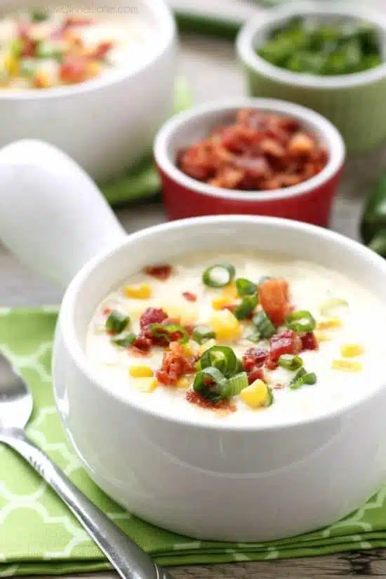 This Creamy Chicken and Corn Chowder is hearty and comforting with generous helpings of chicken, corn, bacon, green onions, potatoes and a slight kick of jalapeño. 