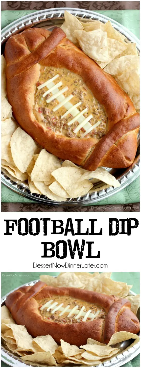 This Football Dip Bowl is made with a frozen whole wheat dough that is shaped into a football with a place to hold your favorite queso dip! Make laces with cut up string cheese and you have a fun, football themed party food! (Step-by-step photos included.)