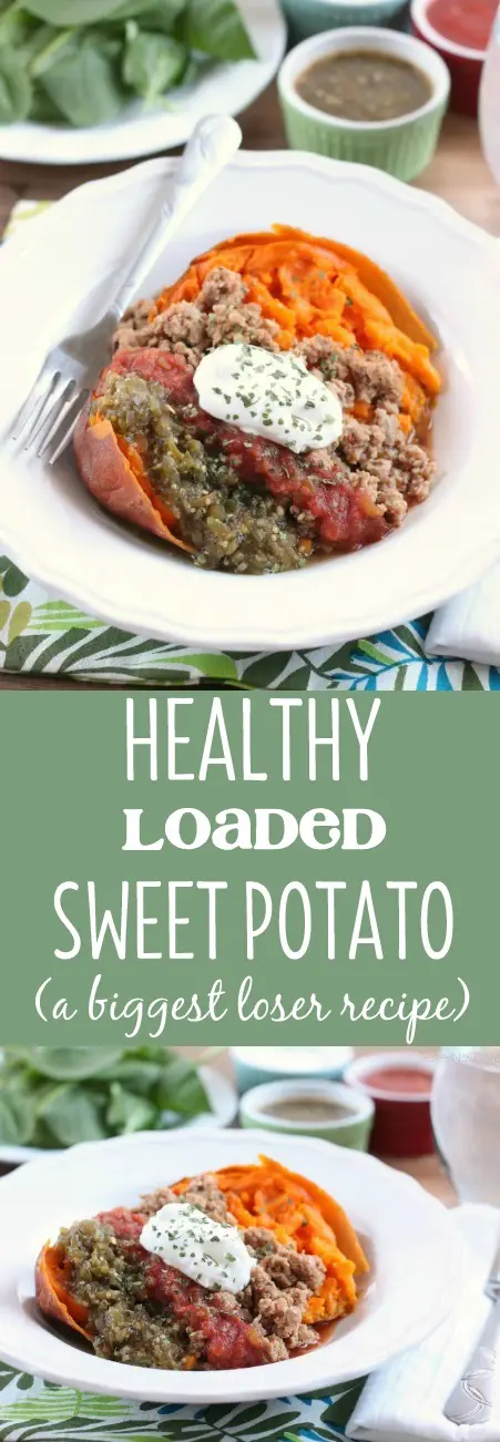 Full of flavor and ingredients that are good for you, this healthy loaded sweet potato will satisfy your hunger and please your tastebuds! (A Biggest Loser Recipe!)