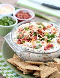A loaded baked potato inspired this chip dip full of bacon, cheese, green onions, and ranch dressing mix. A delicious party dip or game day appetizer.