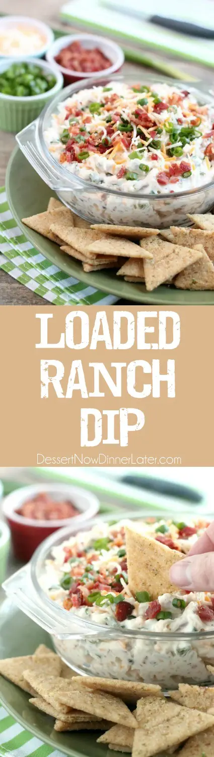 A loaded baked potato inspired this chip dip full of bacon, cheese, green onions, and ranch dressing mix. A delicious party dip or game day appetizer.