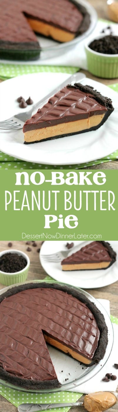 This No-Bake Peanut Butter Pie with an oreo crust, whipped peanut butter filling, and silky chocolate ganache will have you savoring every decadent bite!