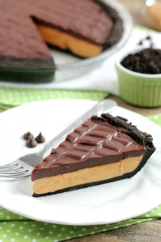 This No-Bake Peanut Butter Pie with an oreo crust, whipped peanut butter filling, and silky chocolate ganache will have you savoring every decadent bite!