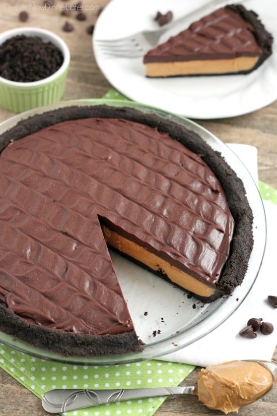 This No-Bake Peanut Butter Pie with an oreo crust, whipped peanut butter filling, and silky chocolate ganache will have you savoring every decadent bite!