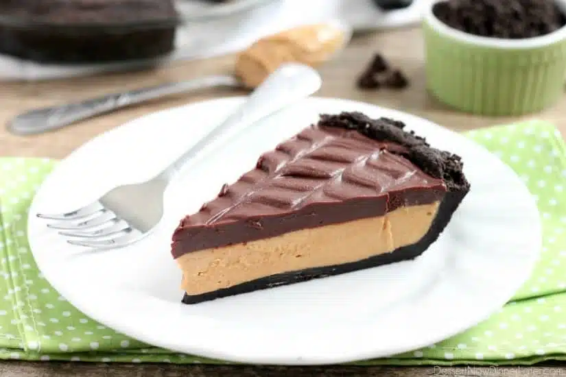 This No-Bake Peanut Butter Pie with an oreo crust, whipped peanut butter filling, and silky chocolate ganache will have you savoring every decadent bite!