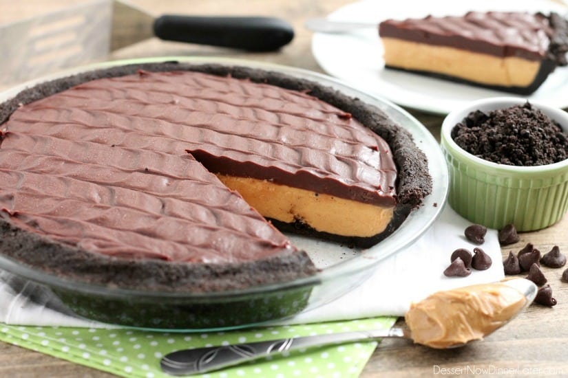 This No-Bake Peanut Butter Pie with an oreo crust, whipped peanut butter filling, and silky chocolate ganache will have you savoring every decadent bite!