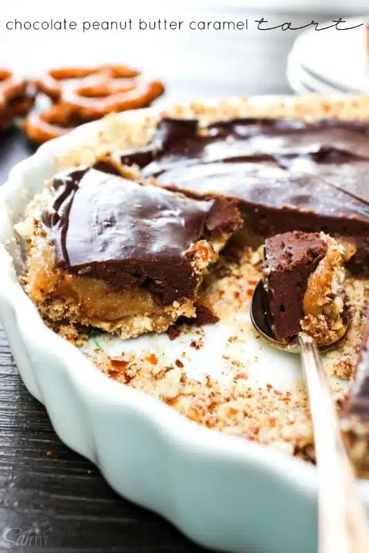 Chocolate Peanut Butter Caramel Tart via A Dash of Sanity